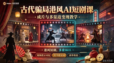 古代骗局港风 AI 短剧课，成片与多渠道变现教学