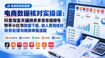 电商数据核账实操课，数据下载、收入费用核对、账务处理与税务申报流程