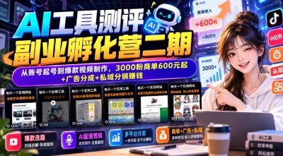 AI工具测评副业:3000粉商单600元起+广告分成+私域分销赚钱